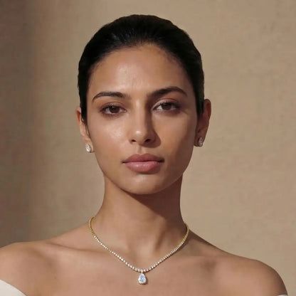 Round Diamond Tennis Necklace with Pear Pendant | Earthy Jewels | Model Image