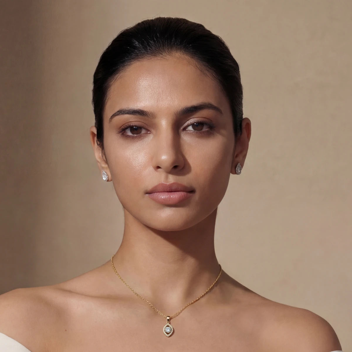 Round Diamond Eye Shaped Halo Pendant | Earthly Jewels | Model Image