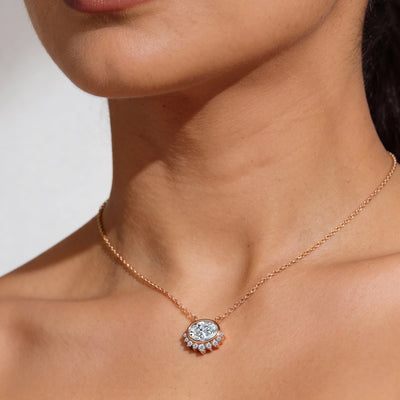 Oval Shape Diamond Half Halo Necklace | Earthly Jewels | Model image
