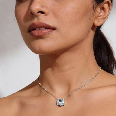 Emerald Shape Diamond Half Halo Necklace | Earthly Jewels | Model image