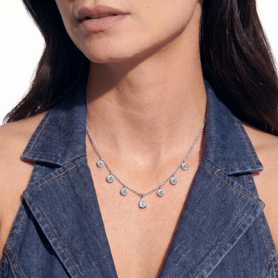 Pear Shape Diamond Drop Necklace | Earthly Jewels | Model Image