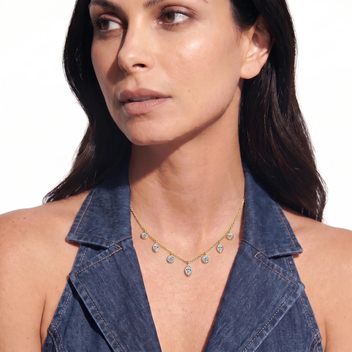 Marquise and Round Diamond Station Necklace | Earthly Jewels | Model Image