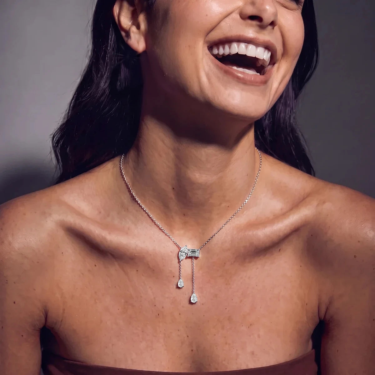 Marquise and Emerald Diamond Drop Necklace | Earthly Jewels | Model Image