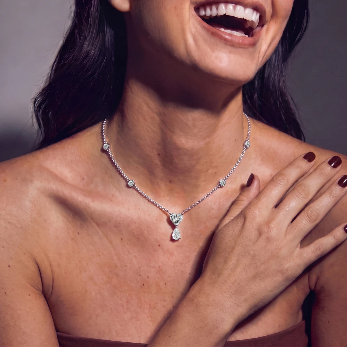  Heart and Pear Diamond Drop Necklace | Earthly Jewels | Model Image