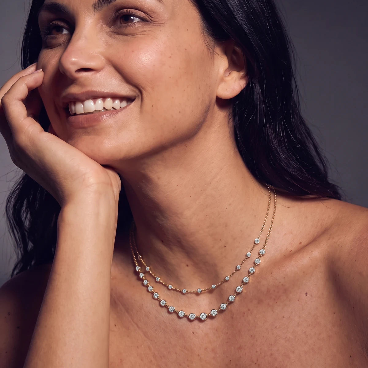 Bezel Set Round Diamond Tennis Necklace | Earthly Jewels | Model Image