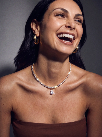 Round Diamond Tennis Necklace with Pear Pendant | Earthy Jewels | Model Image