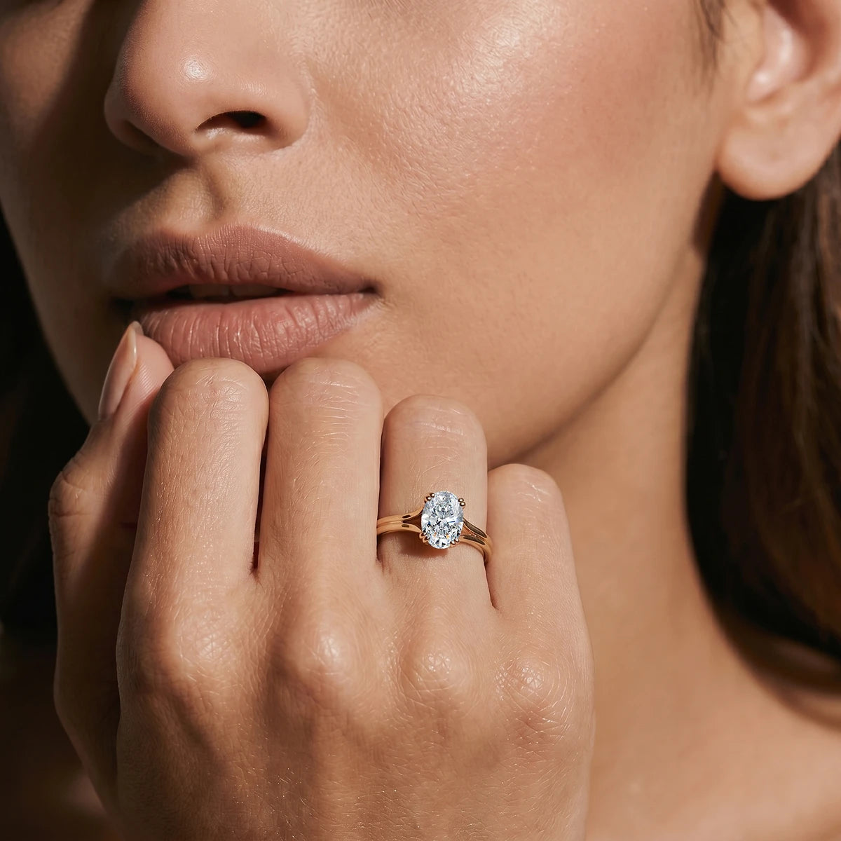 Oval Solitaire Dual Plain Band Ring With Hidden Halo | Earthly Jewels | Model Image