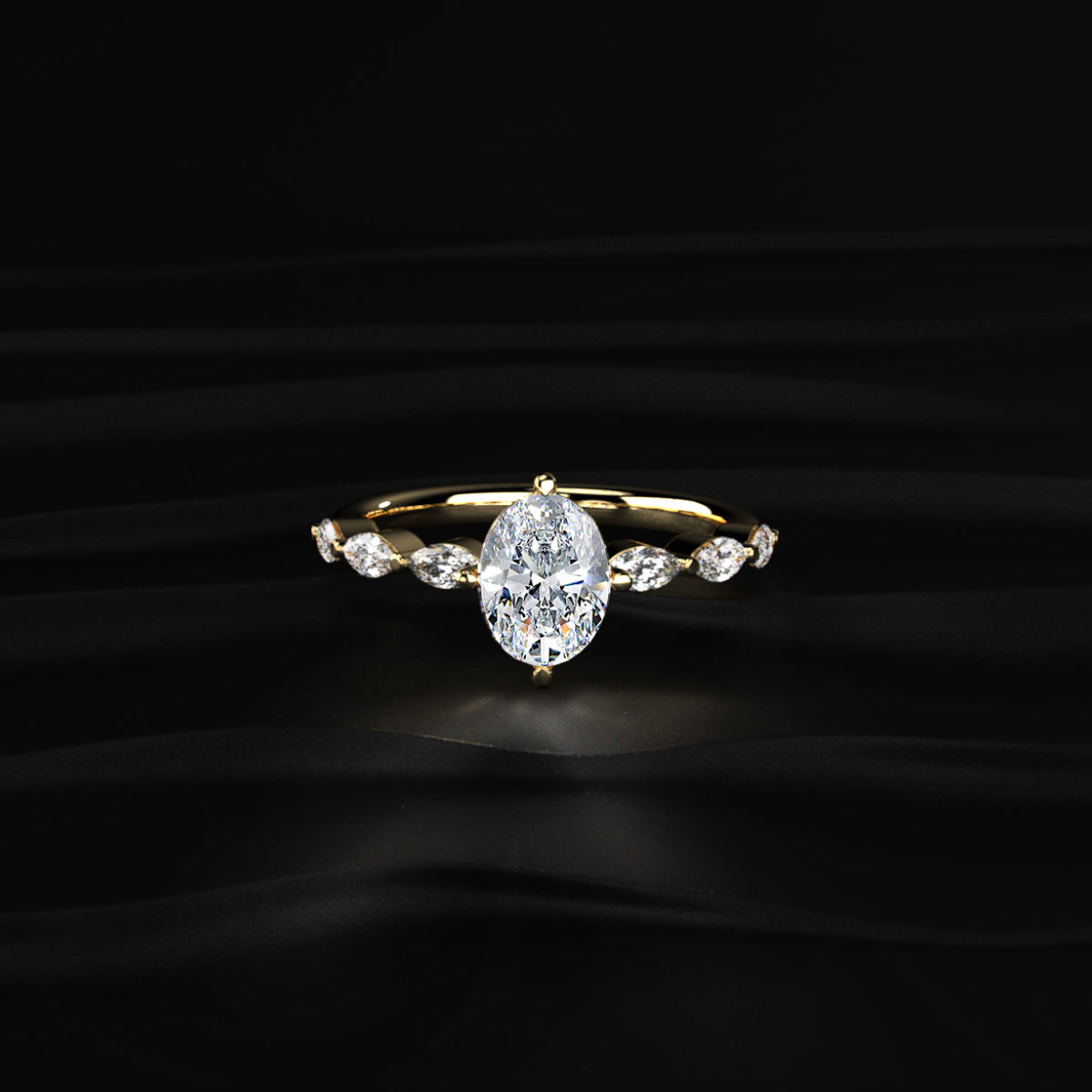 Oval Diamond Ring With Marquise Side Stones