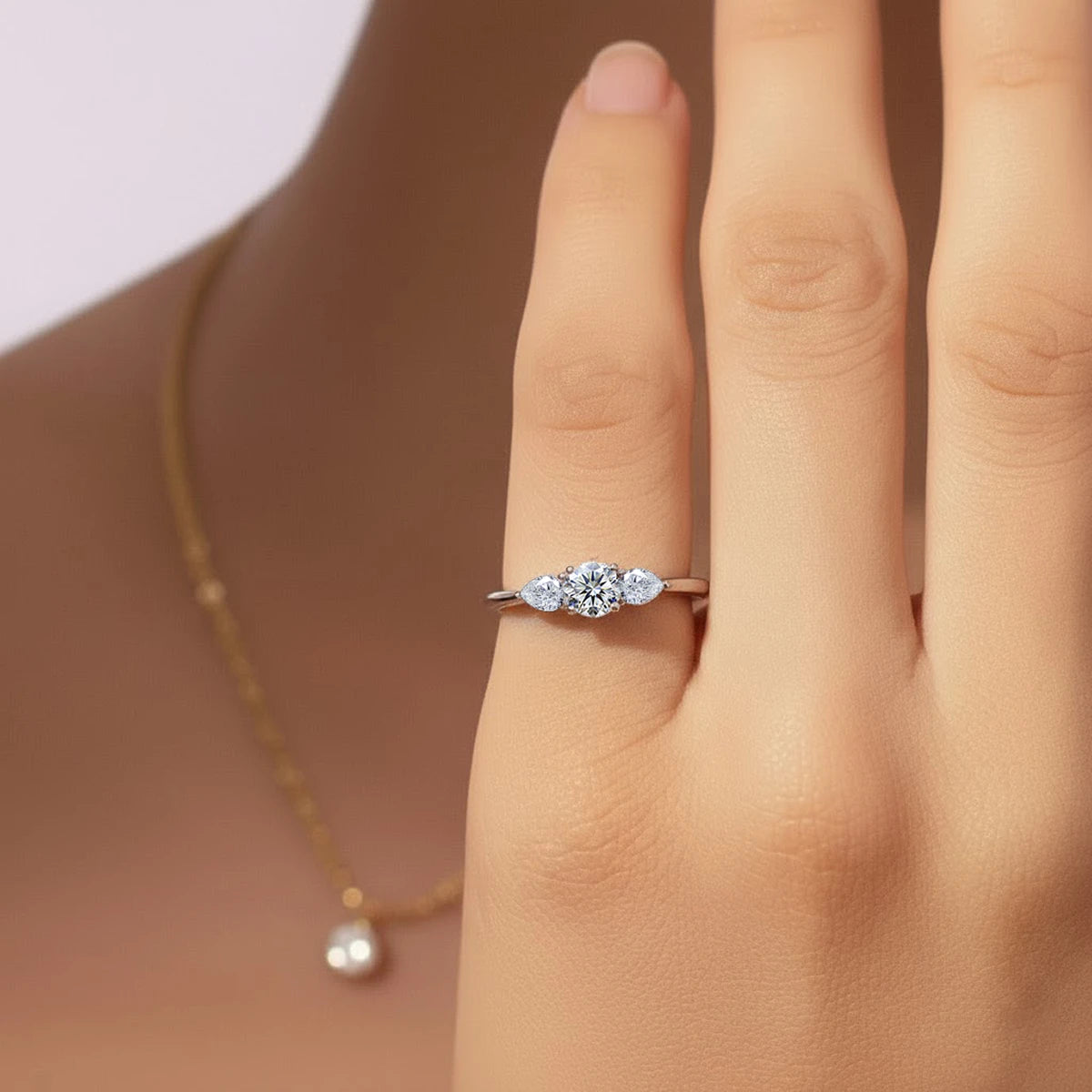 Round Diamond Ring With Pear Side Stones | Earthly Jewels