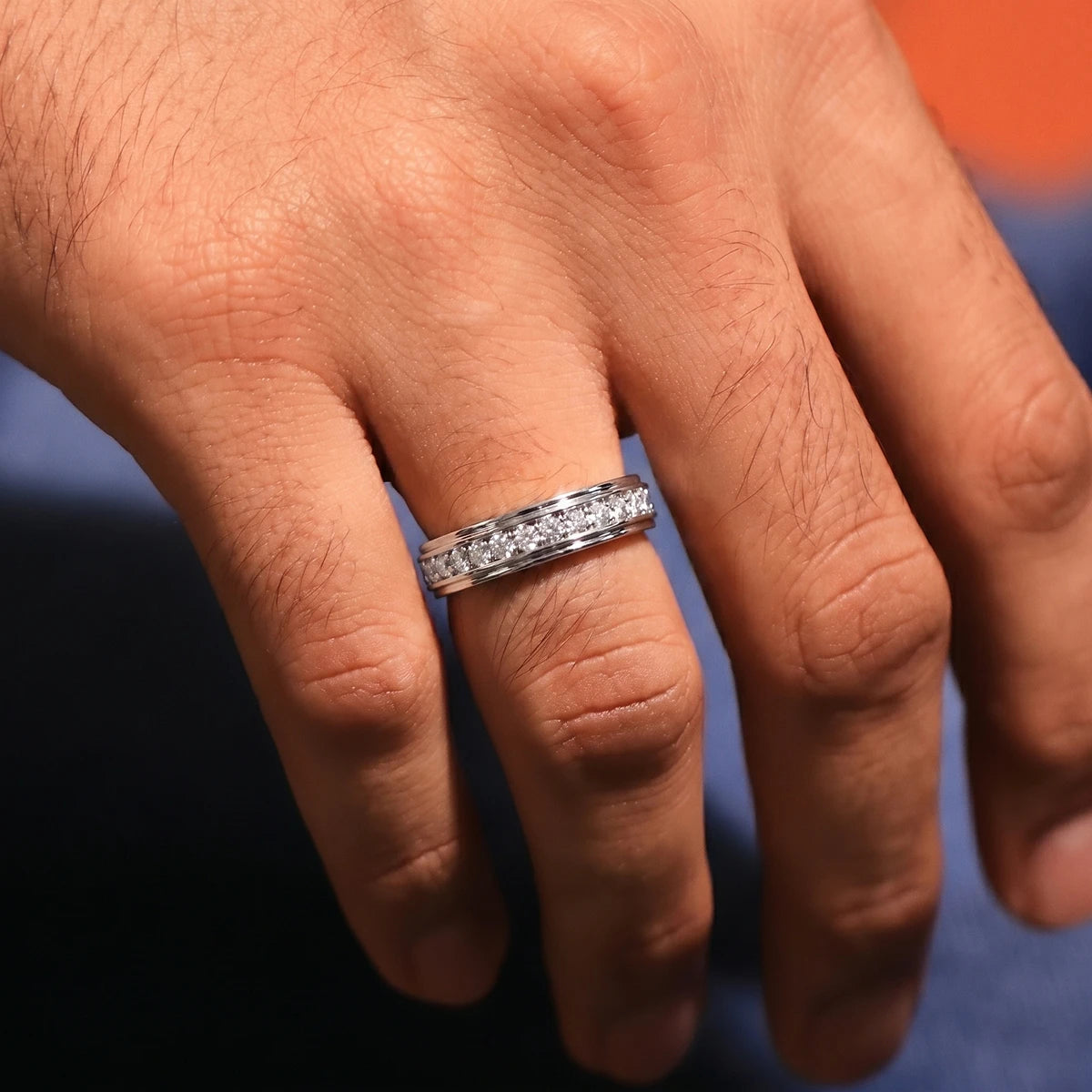 Pave Set Round Diamond Eternity Ring For Men | Earthly Jewels | Model Image