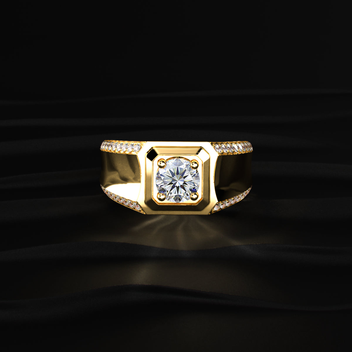 Round Solitaire Mens Ring With Accent Stone
