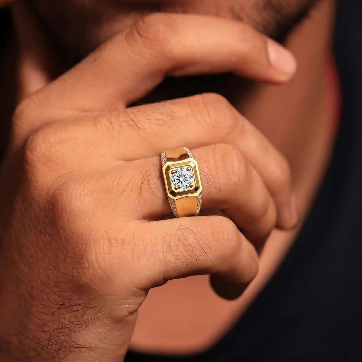 Round Solitaire Mens Ring With Accent Stone | Earthly Jewels | Model Image