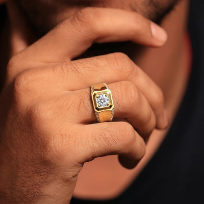 Round Solitaire Mens Ring With Accent Stone | Earthly Jewels | Model Image