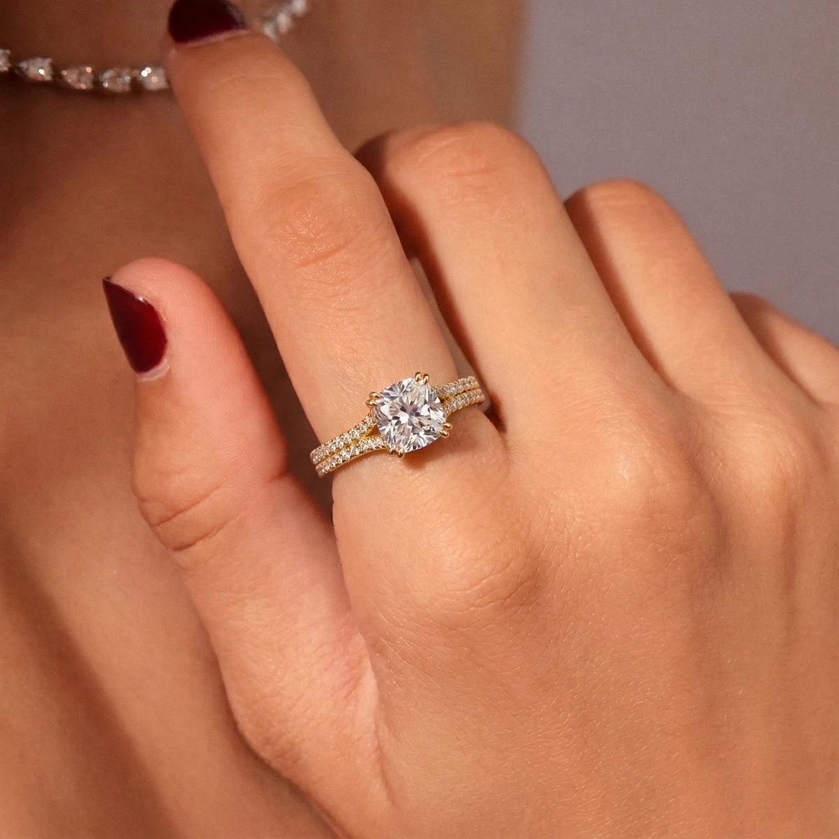 Cushion Cut Dual Split Pave Engagement Ring | Earthly jewels Model Image