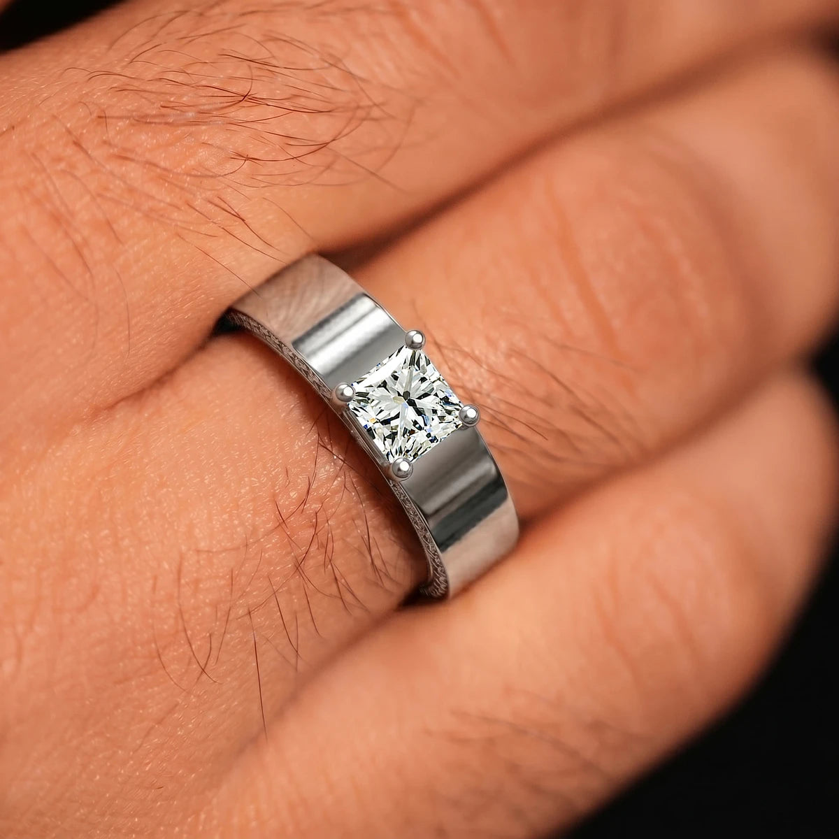 Princess Solitaire Men's Ring With Hidden Diamond | Earthly Jewels | Model Image