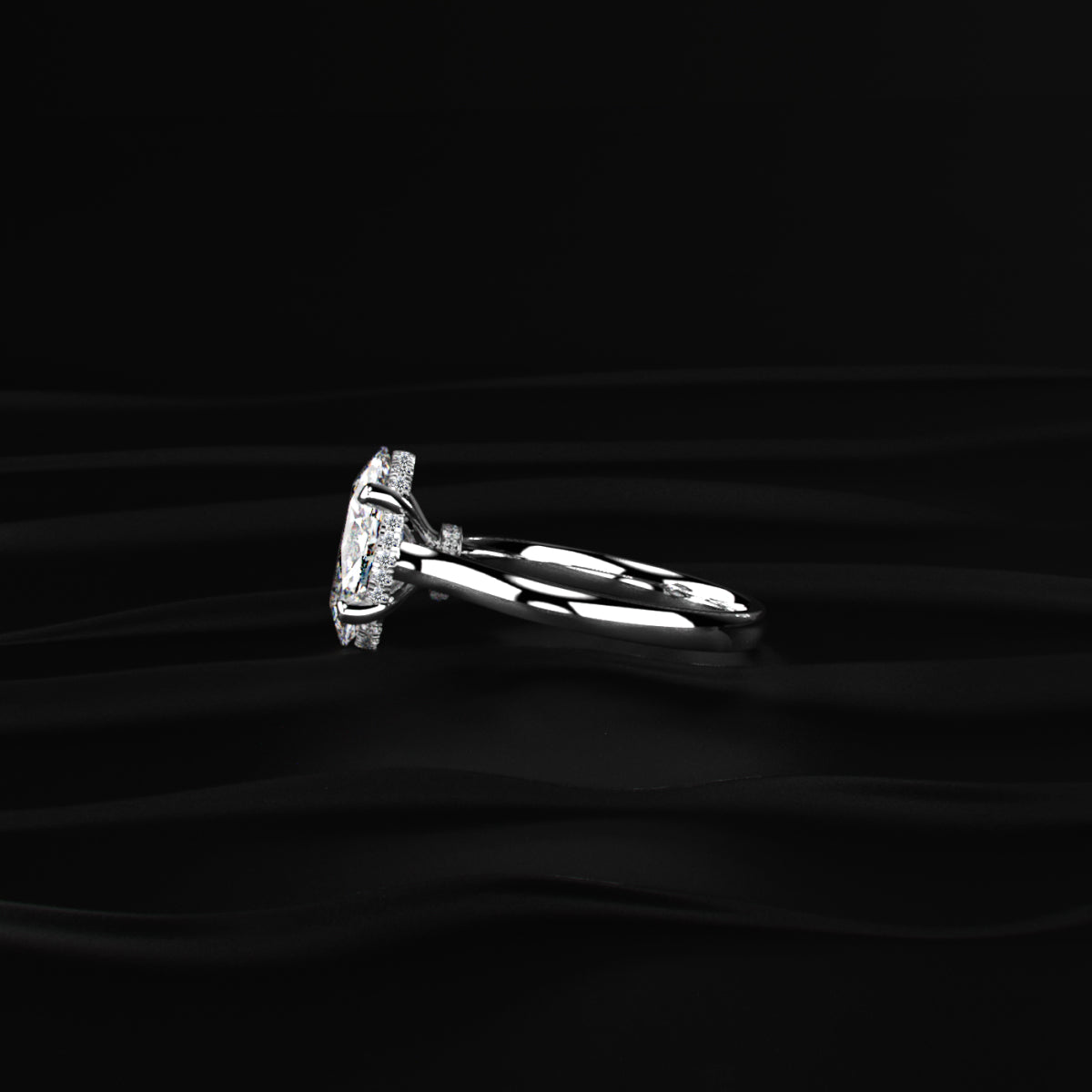 Oval Solitaire Double Hidden Halo Cathedral Ring
