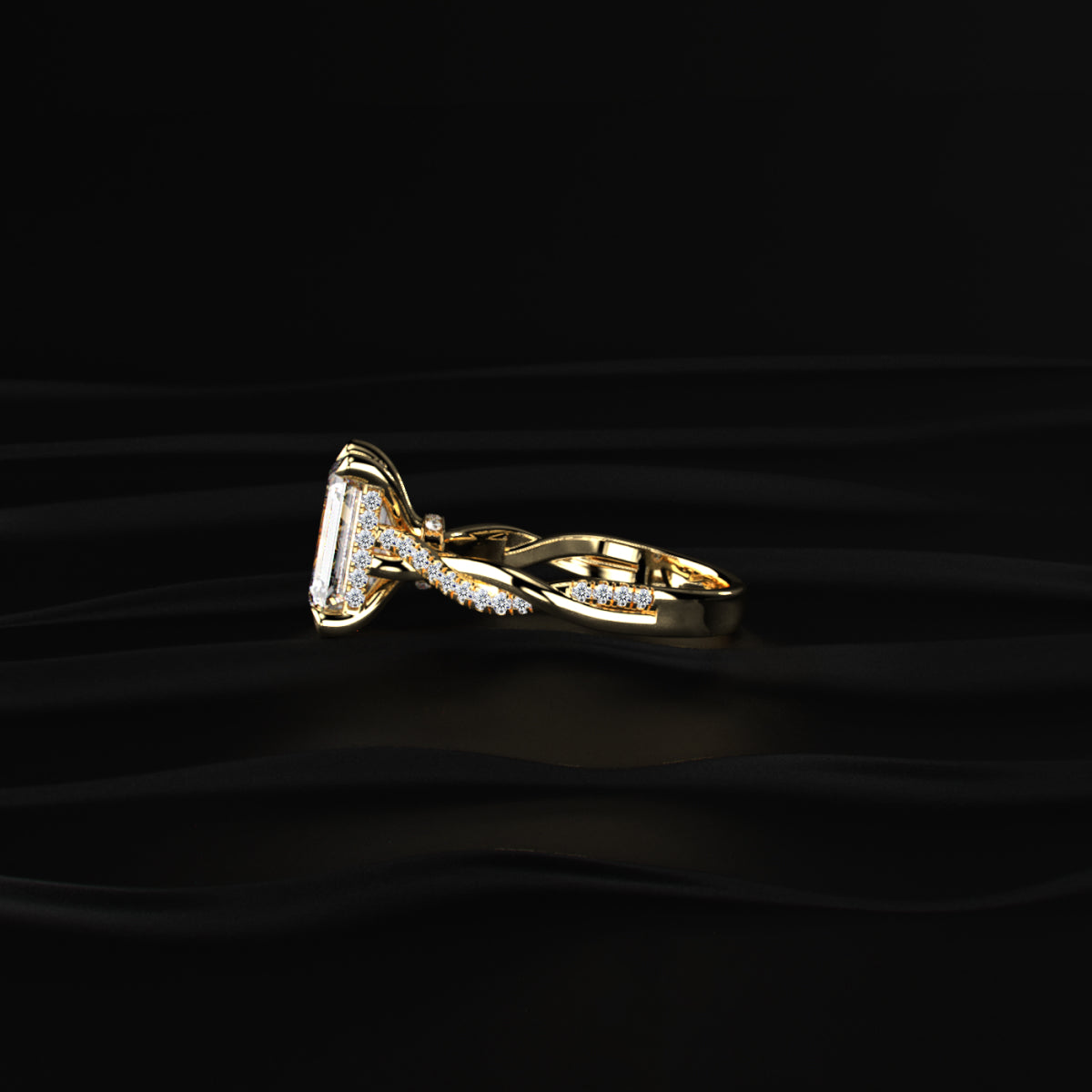 Emerald With Twisted Pave Band & Hidden Halo