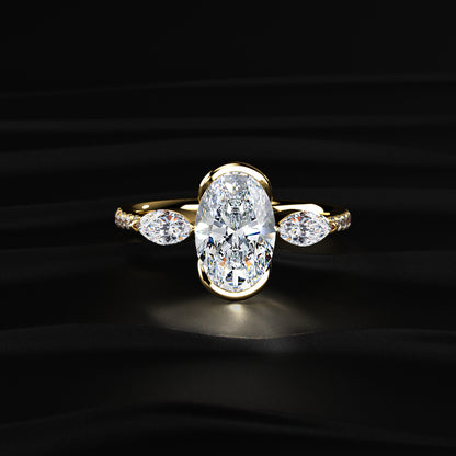 Oval Half Bezel Solitaire Ring With Side Stones | Earthly Jewels