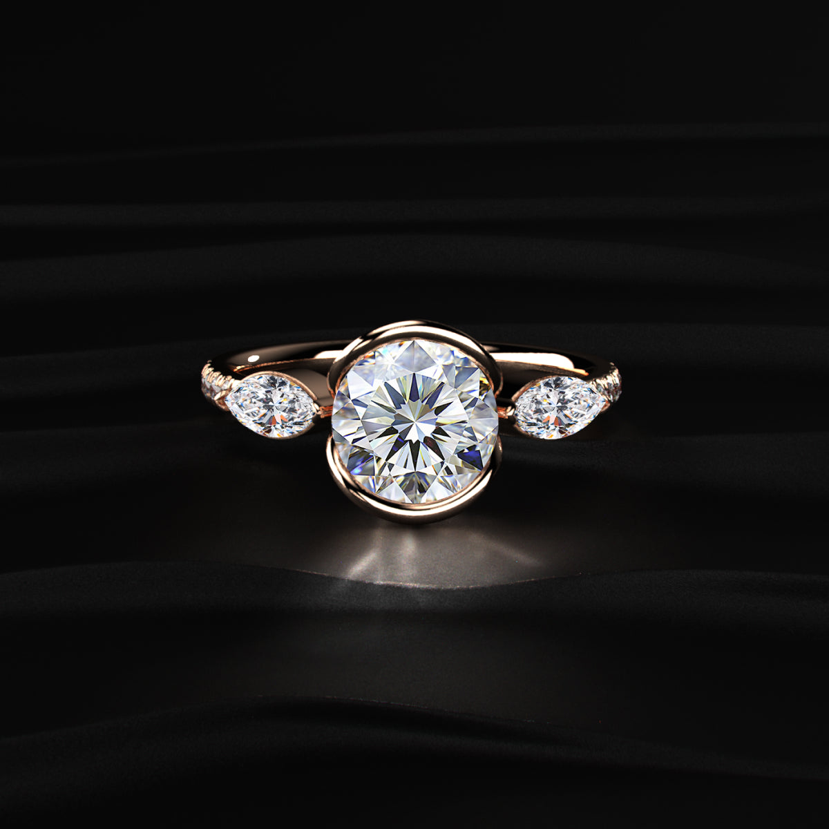 Round Half Bezel Solitaire Ring With Side Stones