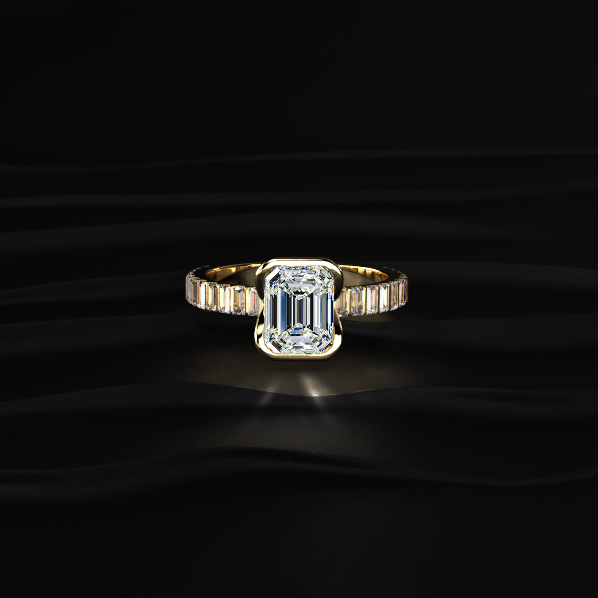 Emerald Half Bezel Ring With Bar Set Baguettes