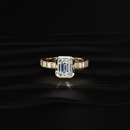 Emerald Half Bezel Ring With Bar Set Baguettes