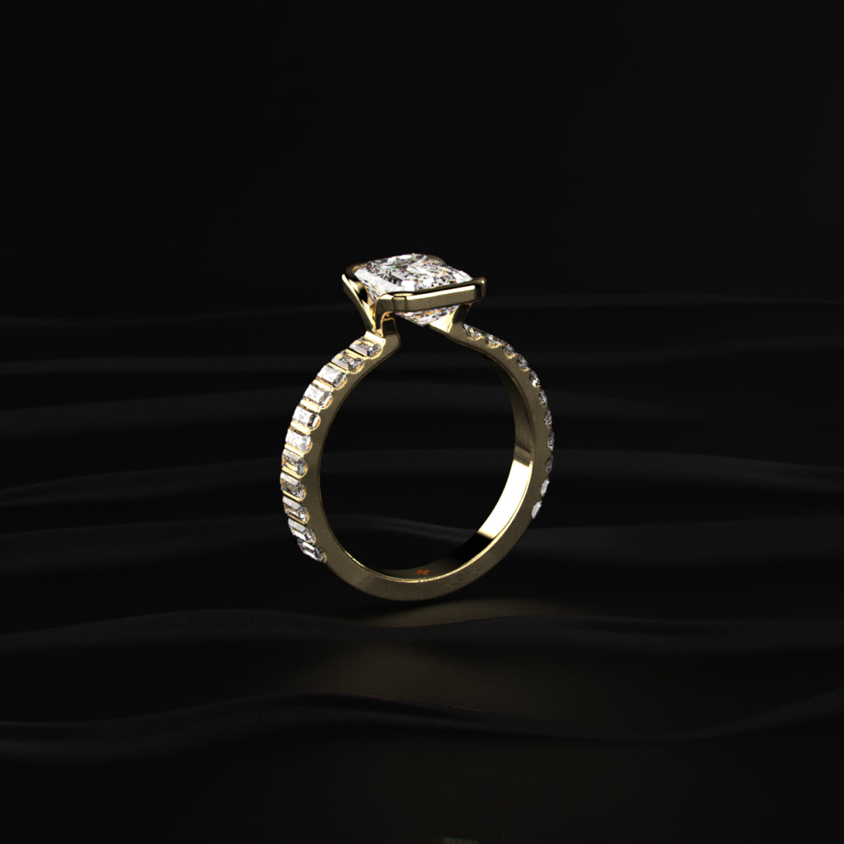 Emerald Half Bezel Ring With Bar Set Baguettes