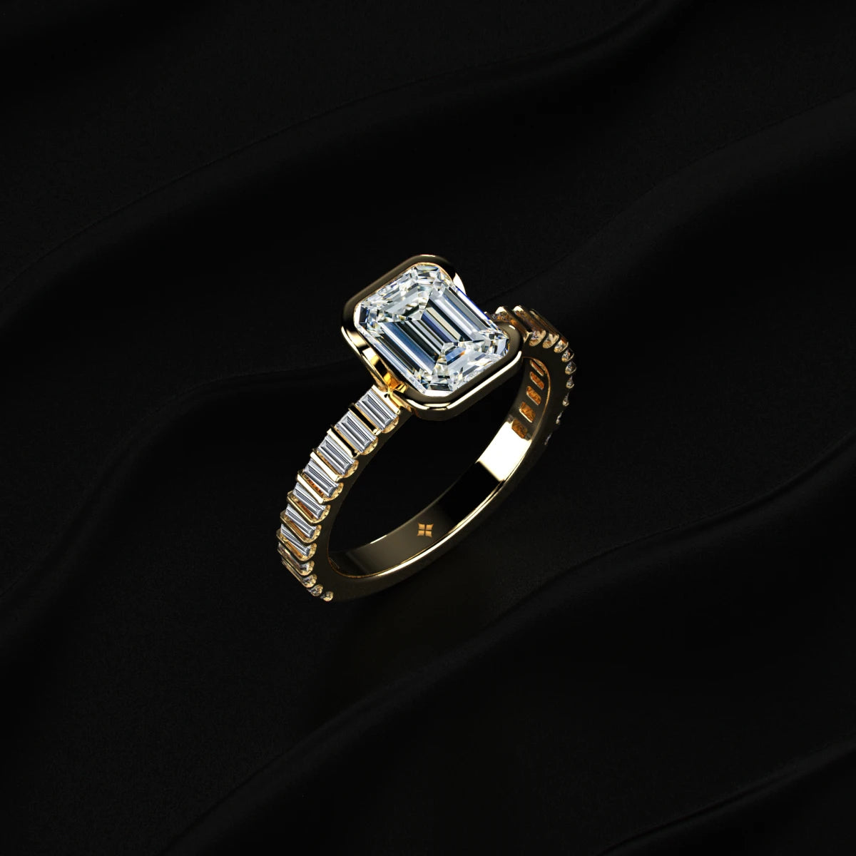 Emerald Half Bezel Ring With Bar Set Baguettes | Earthly Jewels