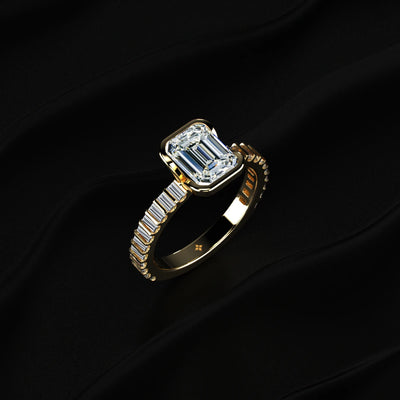 Emerald Half Bezel Ring With Bar Set Baguettes | Earthly Jewels