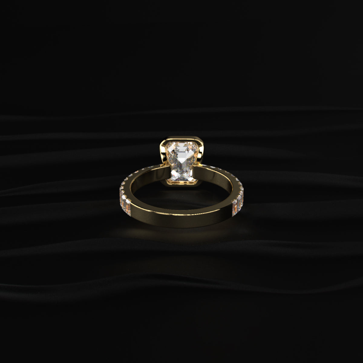 Emerald Half Bezel Ring With Bar Set Baguettes
