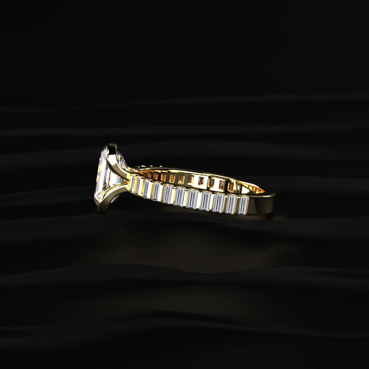 Emerald Half Bezel Ring With Bar Set Baguettes | Earthly Jewels