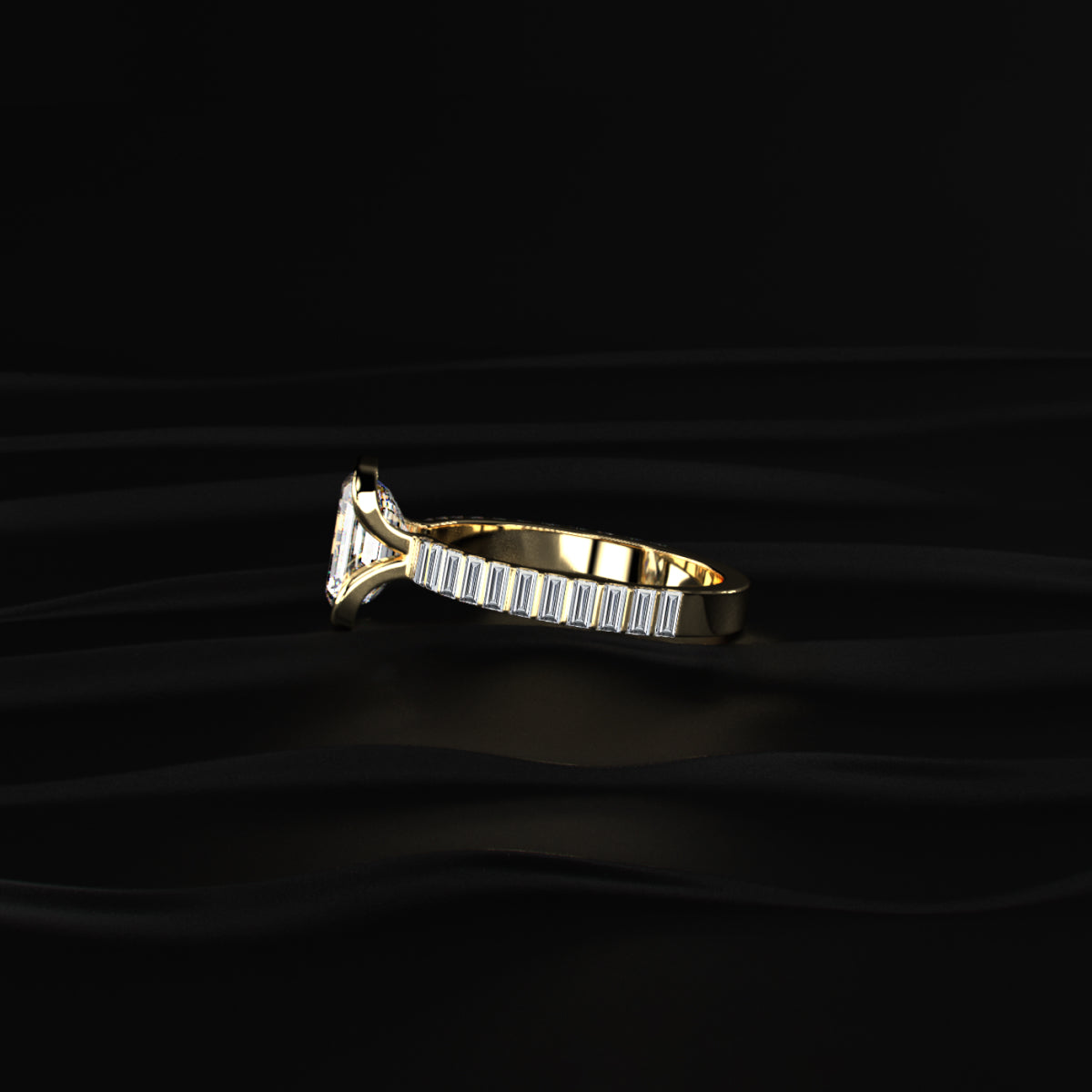 Emerald Half Bezel Ring With Bar Set Baguettes