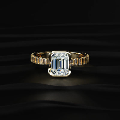 Emerald Half Bezel Ring With Bar Set Baguettes | Earthly Jewels