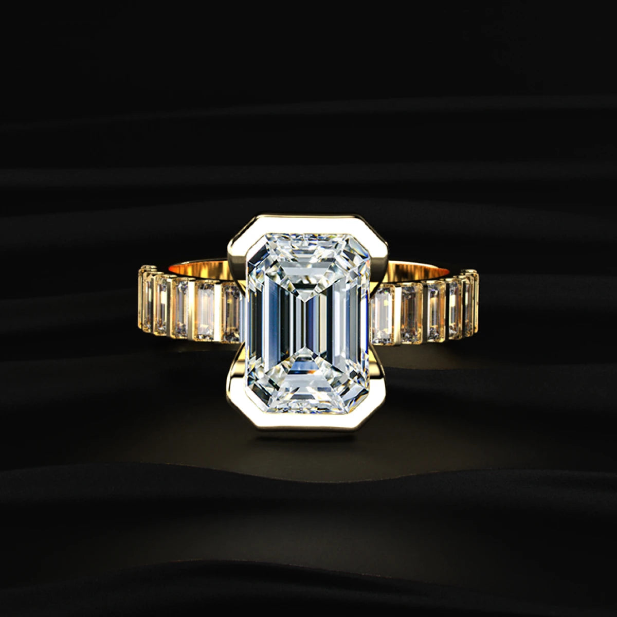Emerald Half Bezel Ring With Bar Set Baguettes | Earthly Jewels