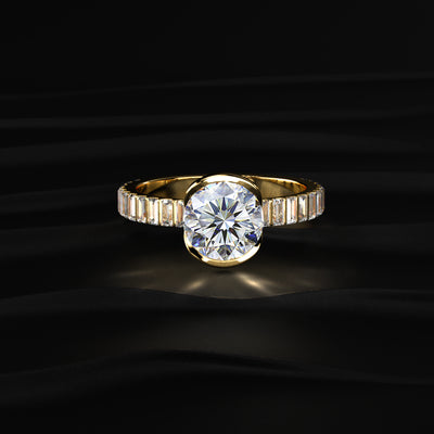 Round Half Bezel Ring With Bar Set Baguettes | Earthly Jewels