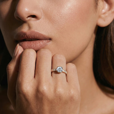 Round Half Bezel Ring With Bar Set Baguettes | Earthly Jewels | Model Image