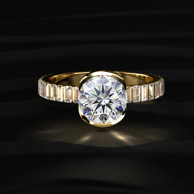 Round Half Bezel Ring With Bar Set Baguettes | Earthly Jewels