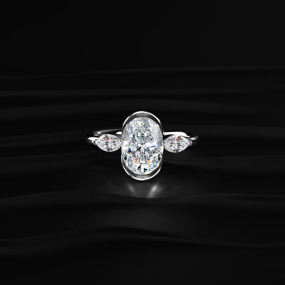 Oval Half Bezel Triple Diamond Engagement Ring | Earthly Jewels