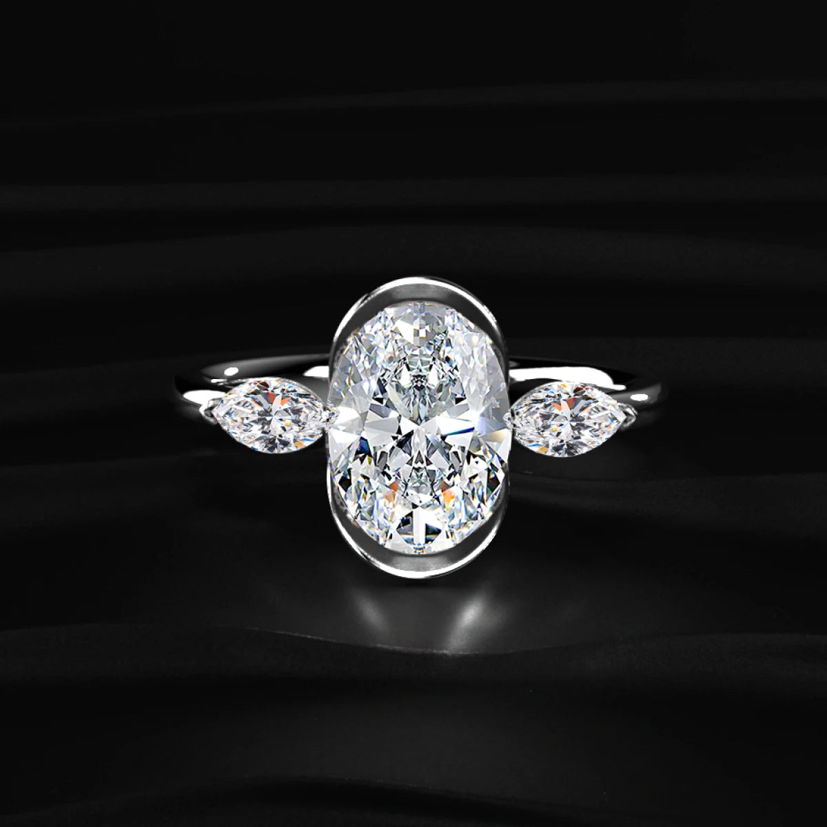 Oval Half Bezel Triple Diamond Engagement Ring | Earthly Jewels
