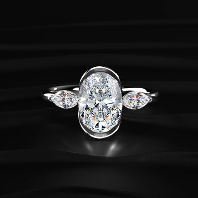 Oval Half Bezel Triple Diamond Engagement Ring | Earthly Jewels