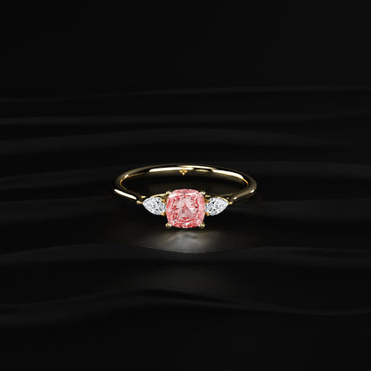 Pink Cushion Diamond With Side Pear Ring