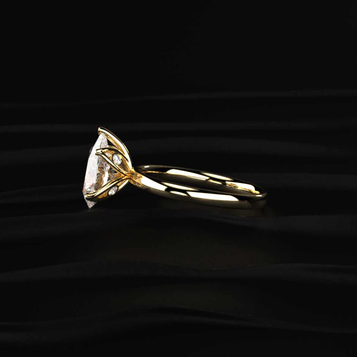 Pear Solitaire Floral Prong Ring