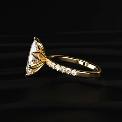 Marquise Cut Solitaire Floral Ring With Pave Band | Earthly Jewels