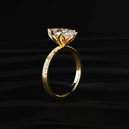 Marquise Cut Solitaire Floral Ring With Pave Band | Earthly Jewels