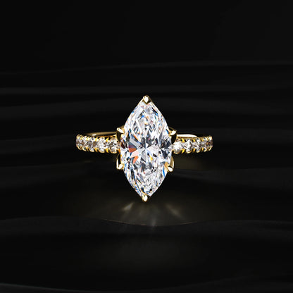 Marquise Cut Solitaire Floral Ring With Pave Band | Earthly Jewels