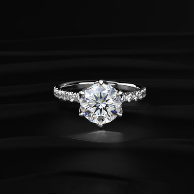 Round Cut Solitaire Floral Ring With Pave Band | Earthly Jewels