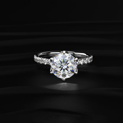 Round Cut Solitaire Floral Ring With Pave Band