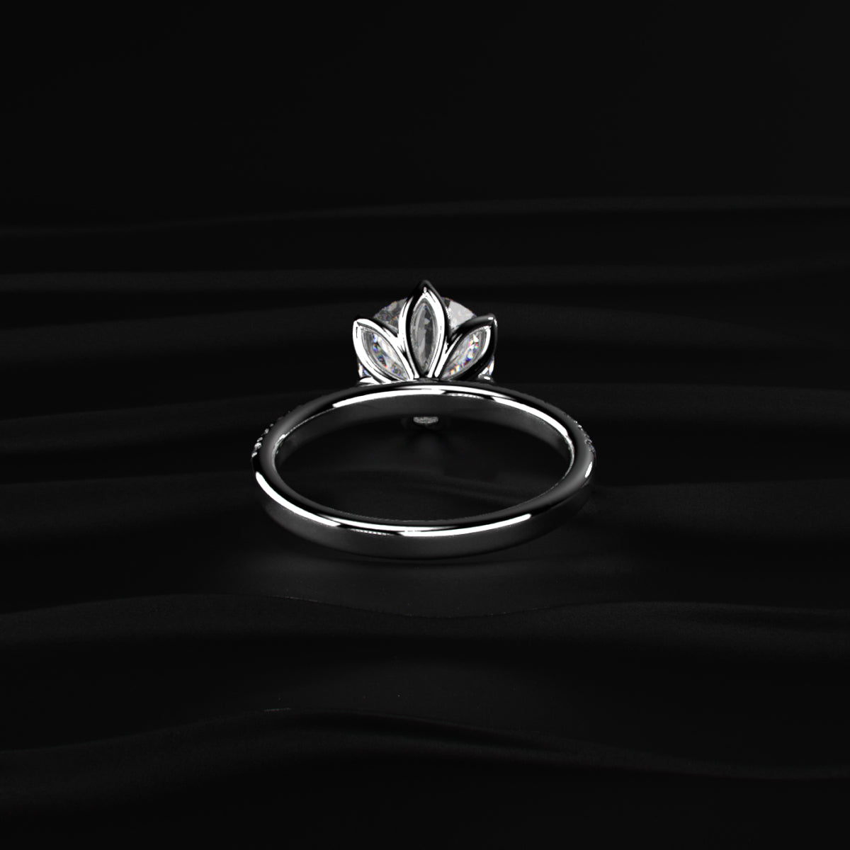 Round Cut Solitaire Floral Ring With Pave Band