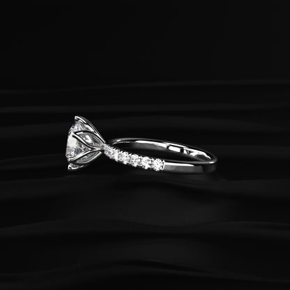 Round Cut Solitaire Floral Ring With Pave Band
