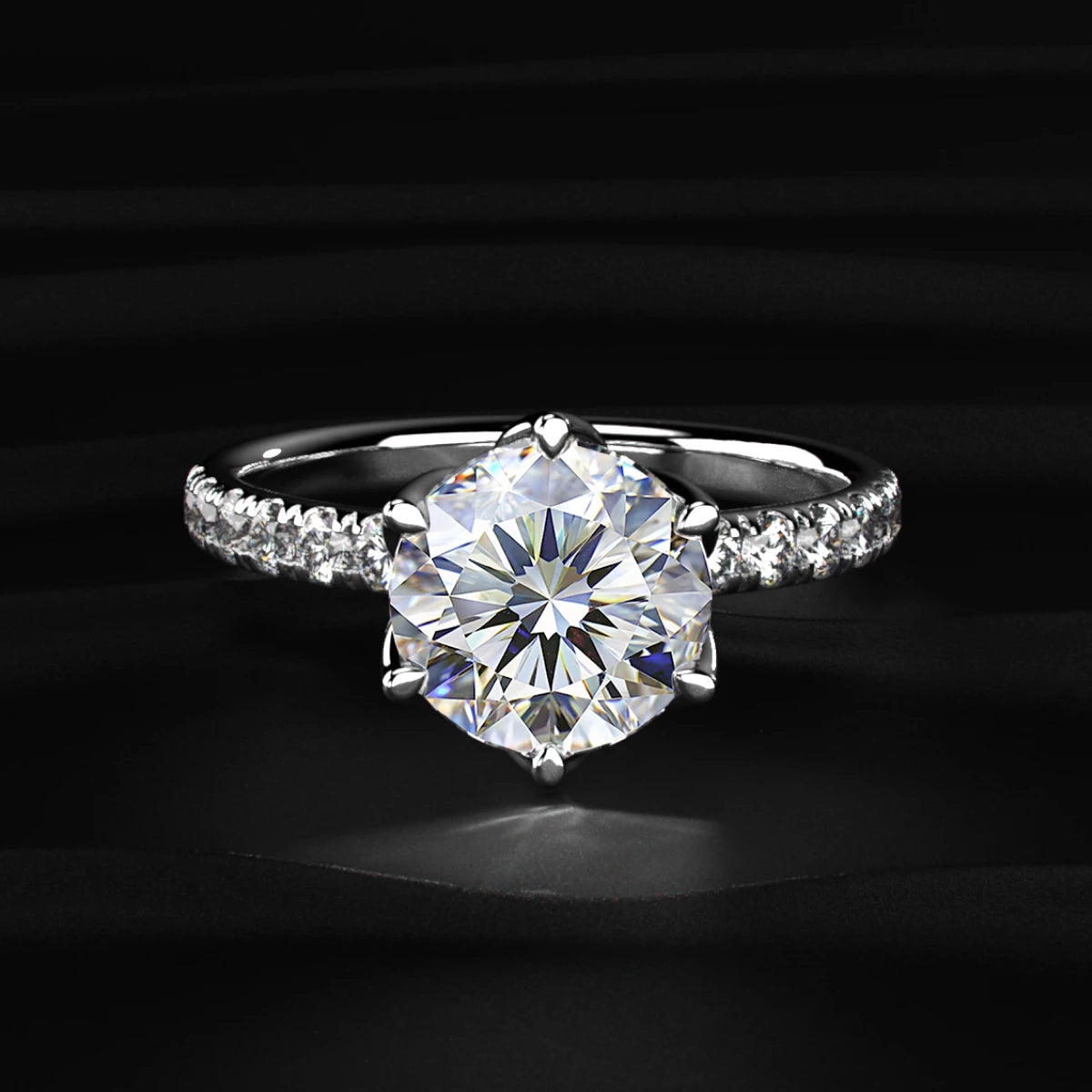 Round Cut Solitaire Floral Ring With Pave Band | Earthly Jewels