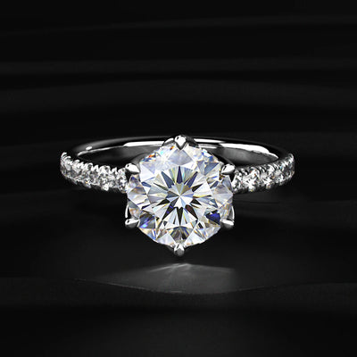 Round Cut Solitaire Floral Ring With Pave Band | Earthly Jewels